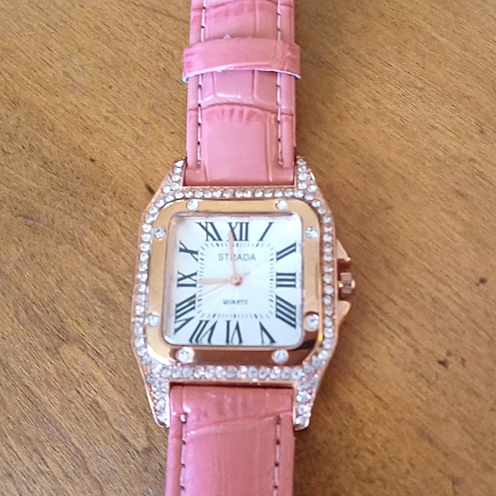 Rose gold & white crystal watch, leather strap - Picture 2 of 9